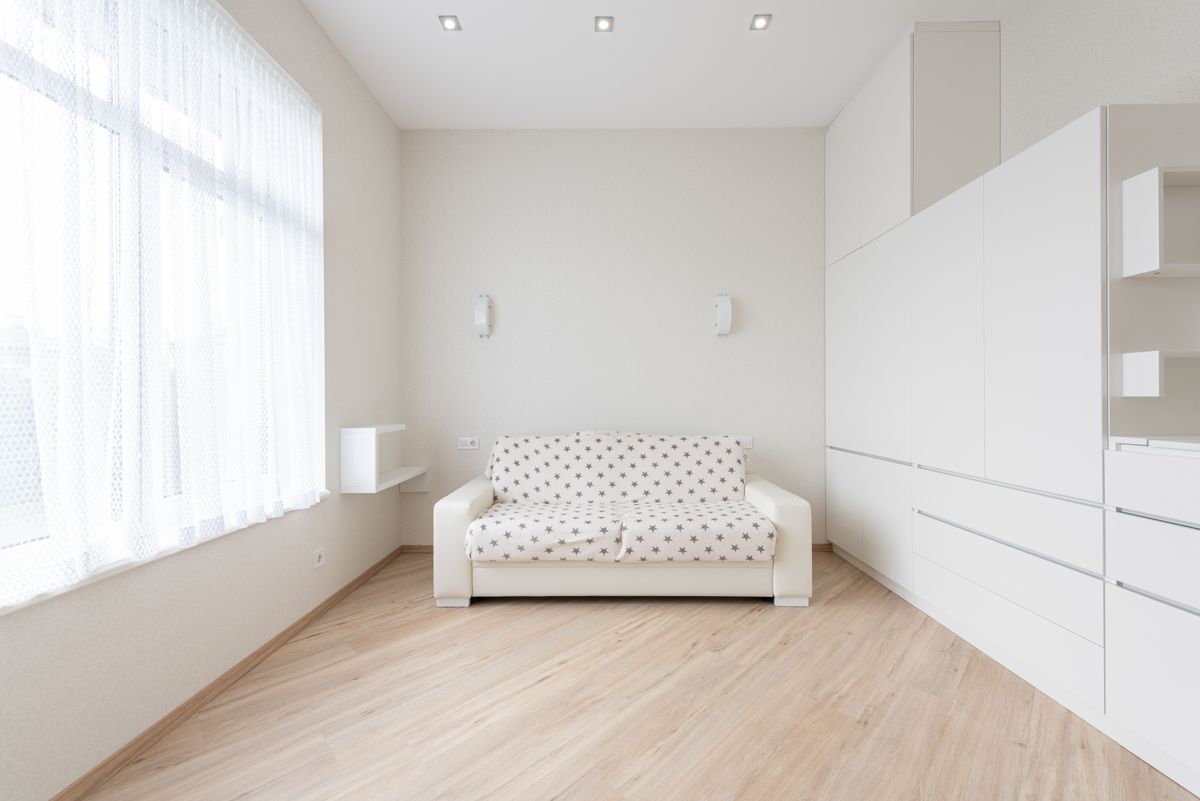 Bright living room with a white sofa and wood flooring